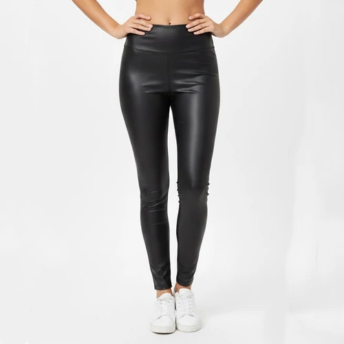 Fekete bőrhatású hosszú leggings gumis derékkal L-XL