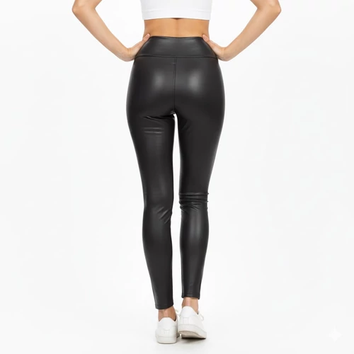 Fekete bőrhatású hosszú leggings gumis derékkal L-XL