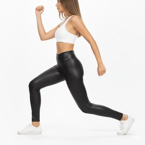 Fekete bőrhatású hosszú leggings gumis derékkal L-XL
