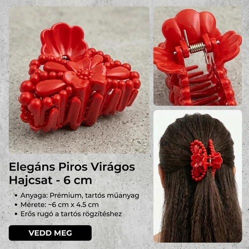Piros 6 cm-es hajcsat masni mintával kézműves hatással