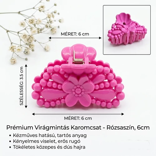 Rózsaszín 6 cm-es hajcsat masni mintával kézműves hatással