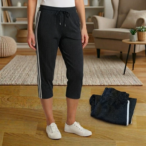 Oldalcsíkos pöttyös női nadrág gumis derékkal Fekete-3XL-4XL