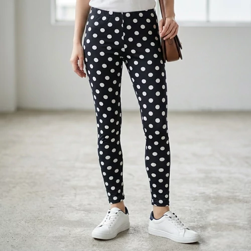Fekete elasztikus anyagú pöttyös leggings S-L